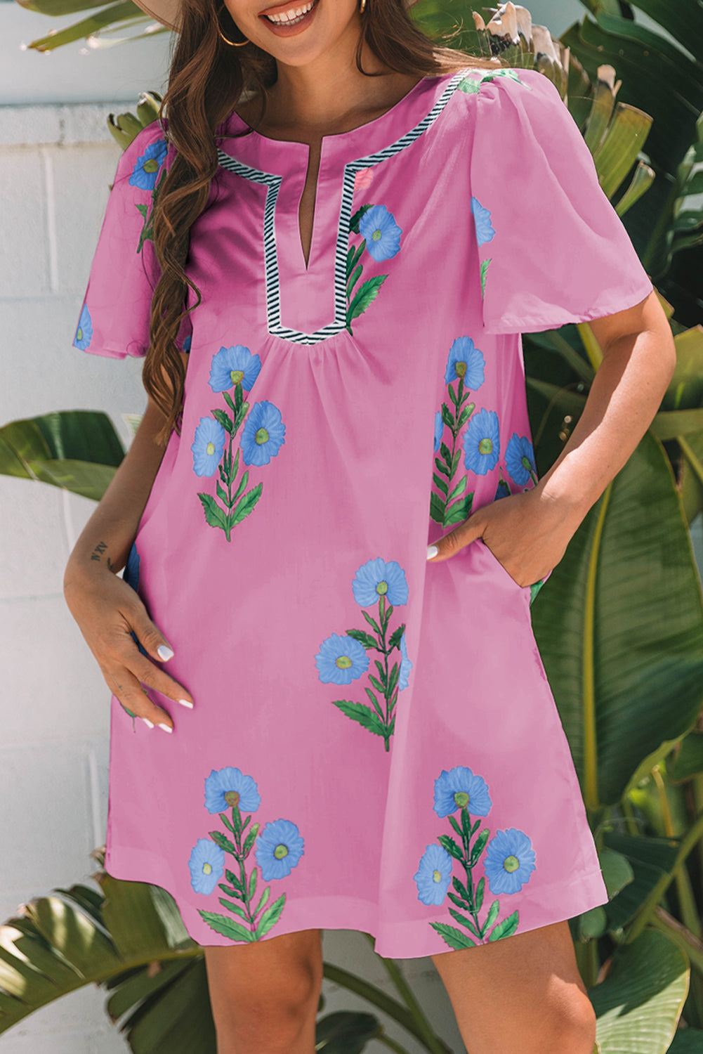 Floral Short Sleeve Split Neck Loose Mini Dress