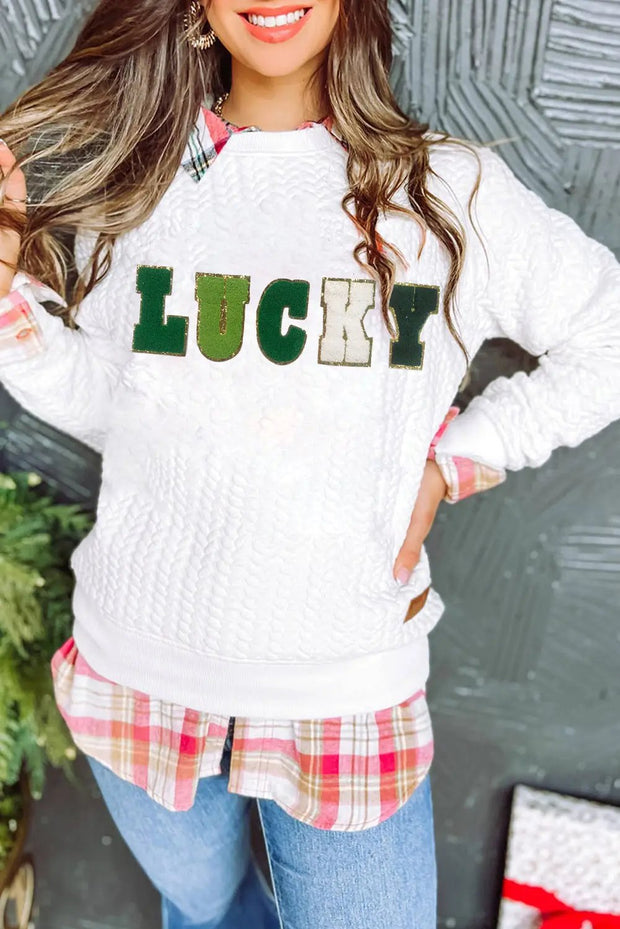 White Lucky Letter Patch Quilted Sweatshirt - White / L