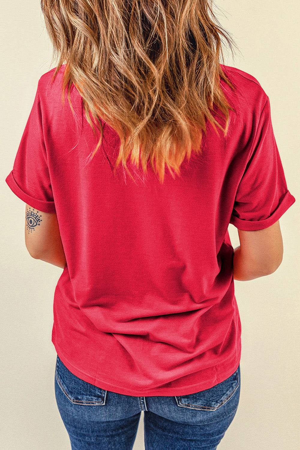 Red Casual USA Stars Graphic Round Neck Roll Up Sleeve Tee -