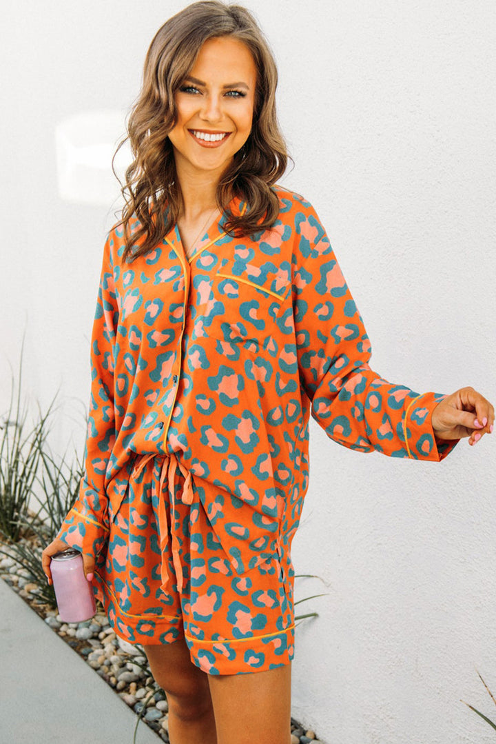 Orange Leopard Print Long Sleeve Shirt and Shorts Pajama Set