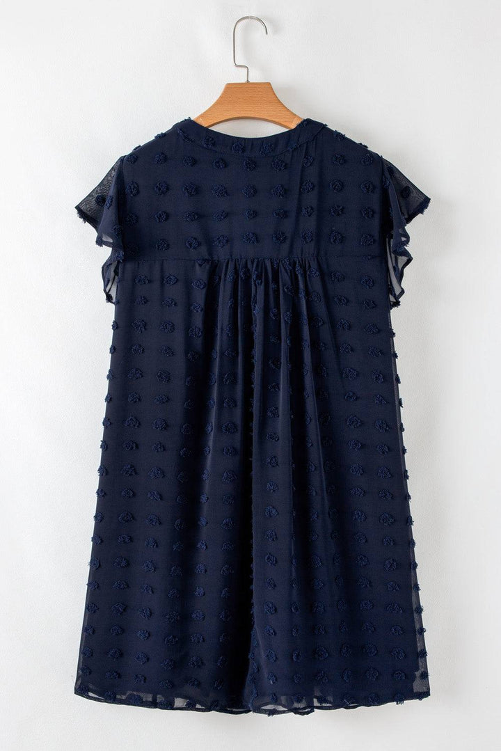 Back flat lay of Navy Blue Dotty Textured Notched Neck Plus Ruffled Dress showing pleated detail and lightweight Swiss dot fabric.