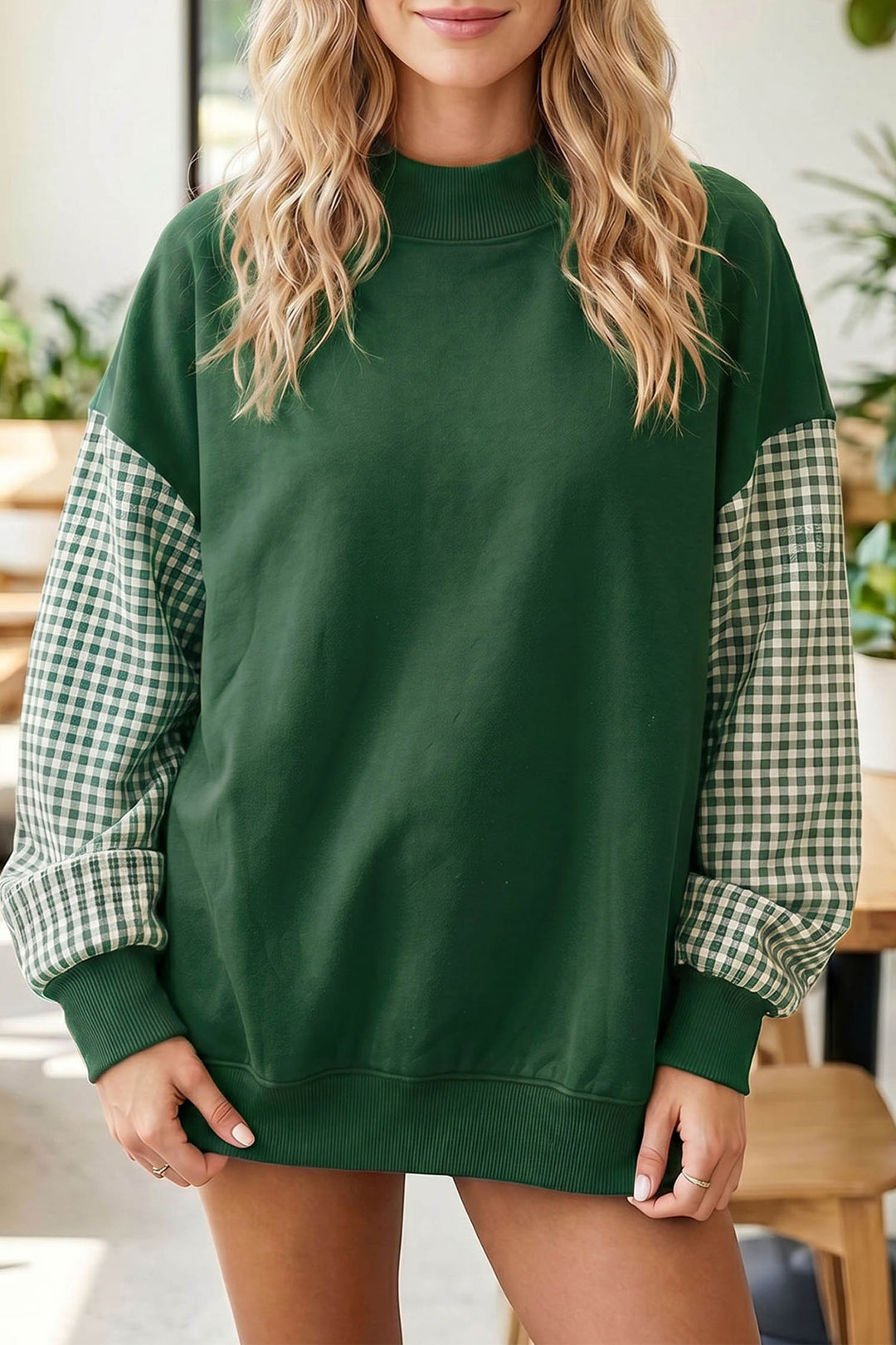 Plaid Sleeve Color block Loose Tunic Sweatshirt