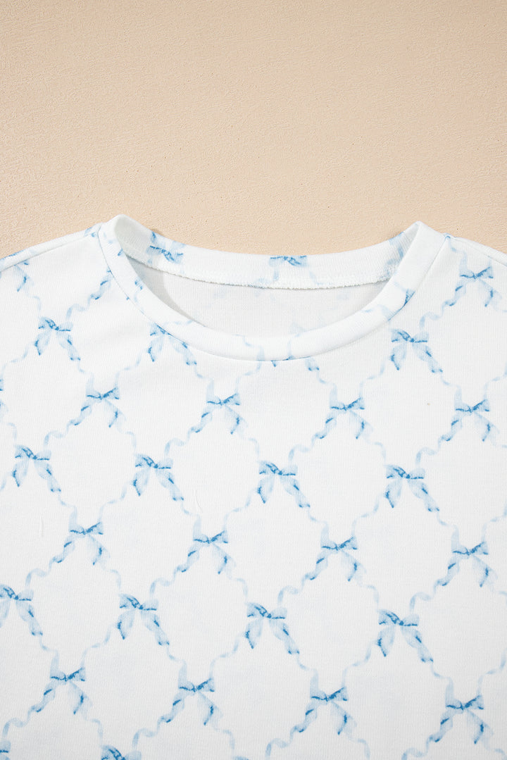 Sky Blue Bow Knot Geometric Print Lettuce Trim Two Piece Lounge Set