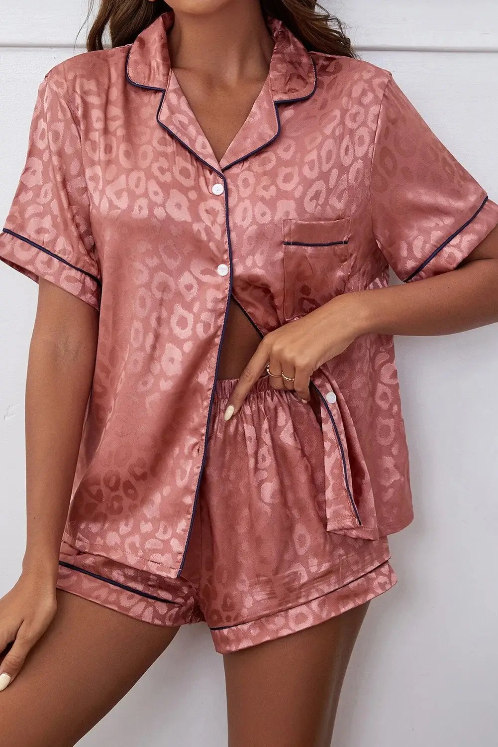 Pink Leopard Button Up Collar Neck Shirt & Shorts Lounge Set - Pink / 2XL