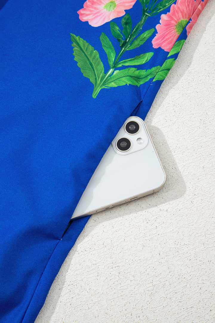 Floral Short Sleeve Split Neck Loose Mini Dress