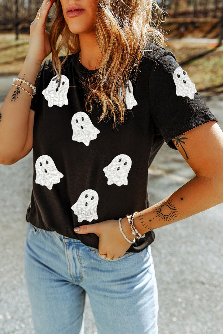 Sequin Halloween Ghost Patched Casual T Shirt