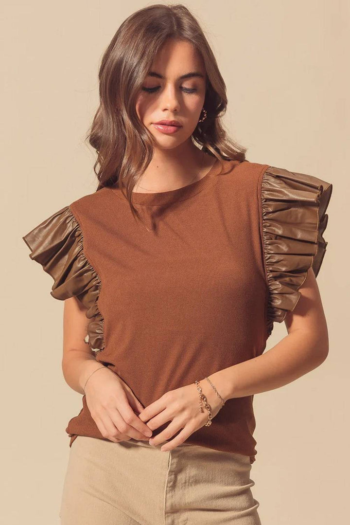 Brown Leather Ruffle Sleeve Patchwork Round Neck Blouse for daily wear, featuring ribbed fabric and solid color, available at Faith & Co. Boutique.
