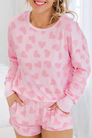 Heart Print Long Sleeve Top and Shorts Loungewear Set - Pink / L
