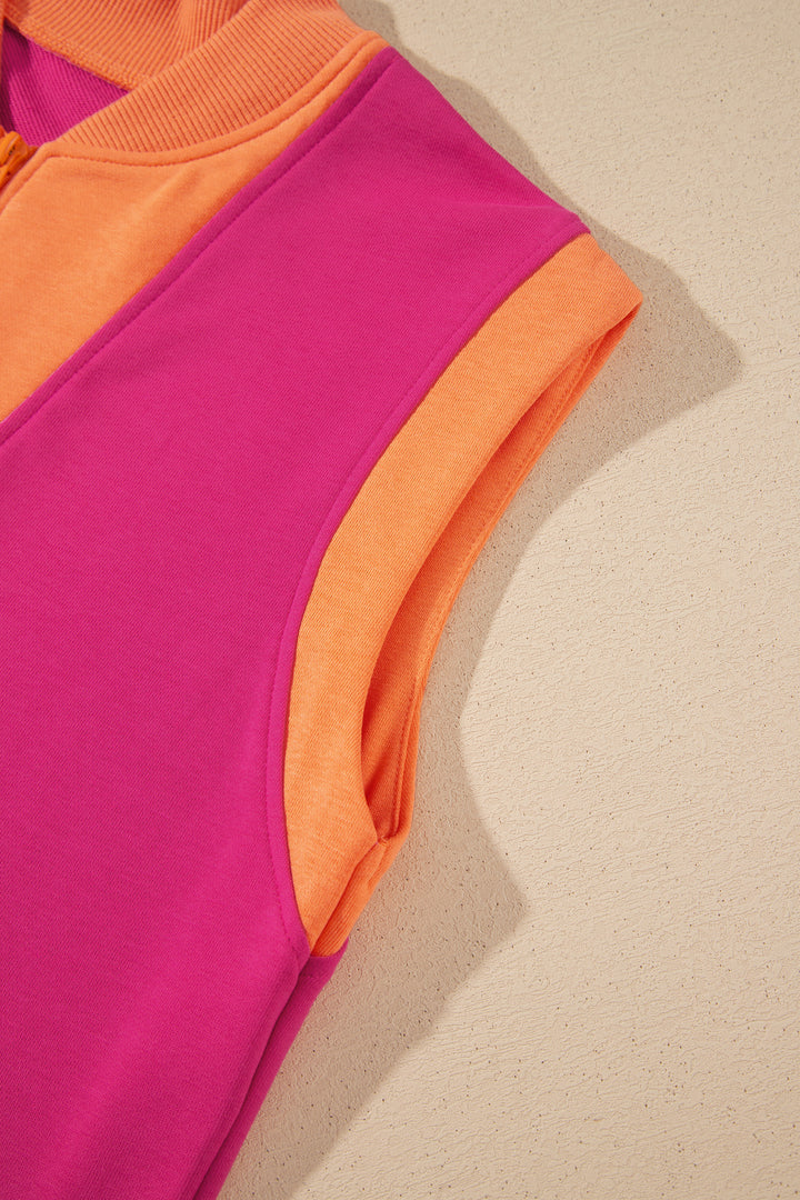 Color Block Accent Half Zip Top Athleisure Shorts Set