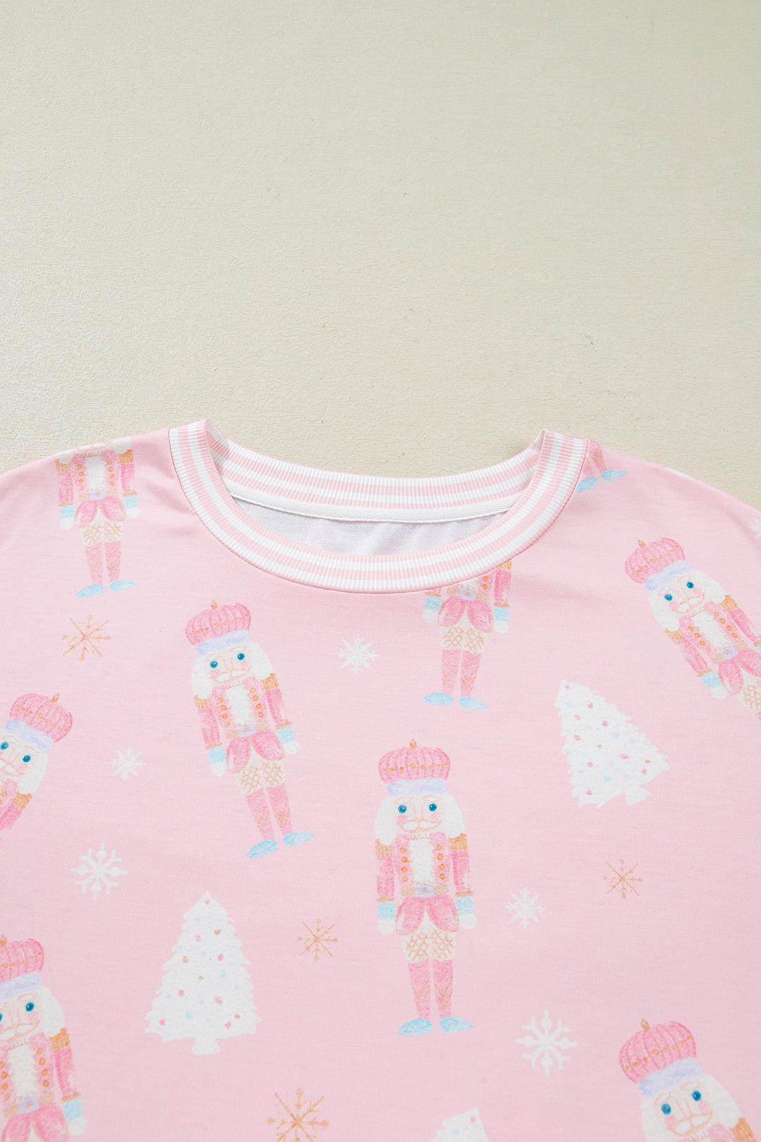 Pink Christmas Tree Nutcracker Doll Print Contrast Trim Long Sleeve Top Matching Shorts Set