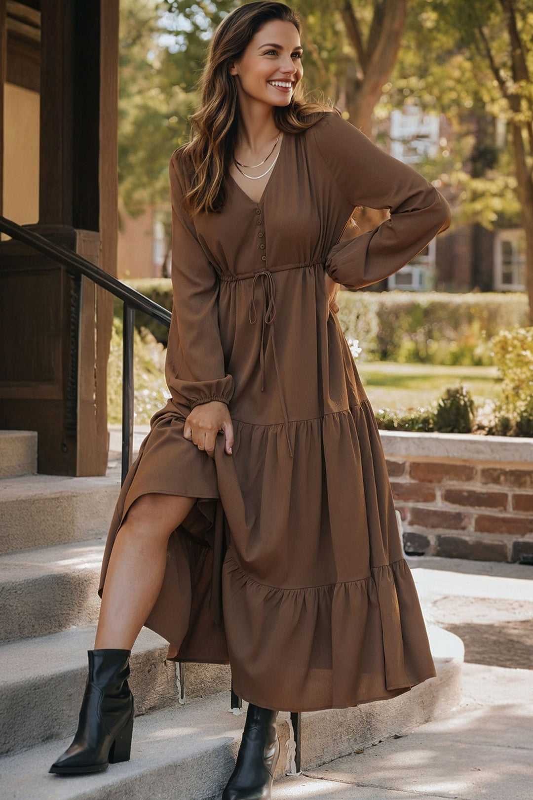 Solid color Long Sleeve Button V Neck Tiered Maxi Dress