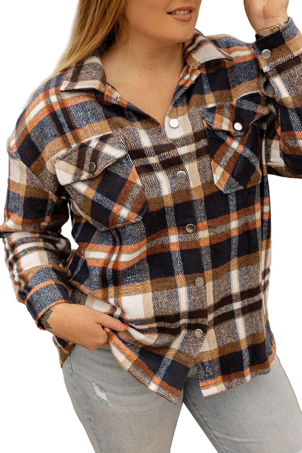 Geometric Plaid Print Pocketed Shacket