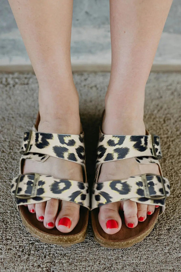 Leopard PU Leather Square Buckle Sandals -