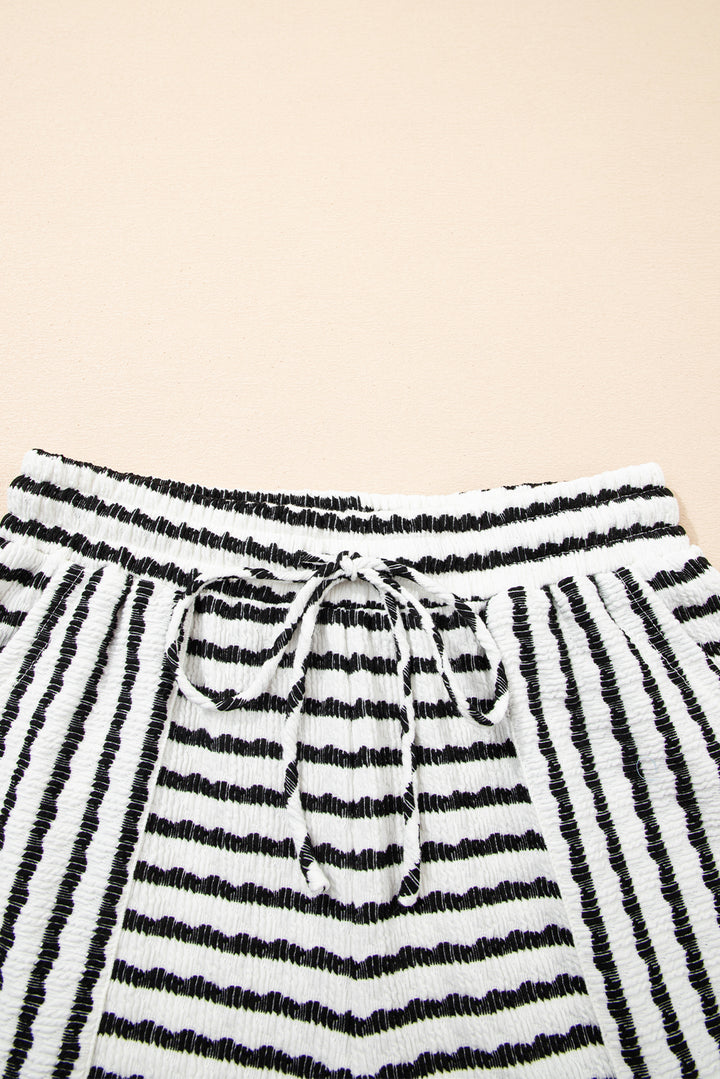 Stripe Knitted Short Sleeve Top and Drawstring Shorts Set