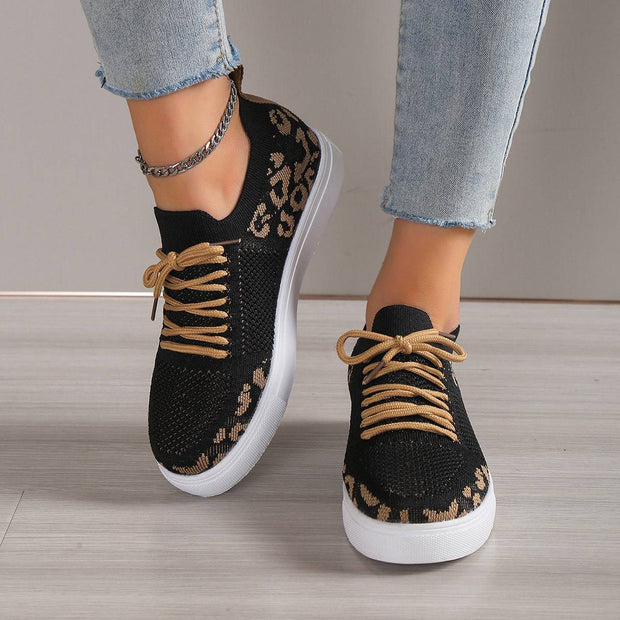 Lace-Up Leopard Flat Sneakers - Black / 36(US5)