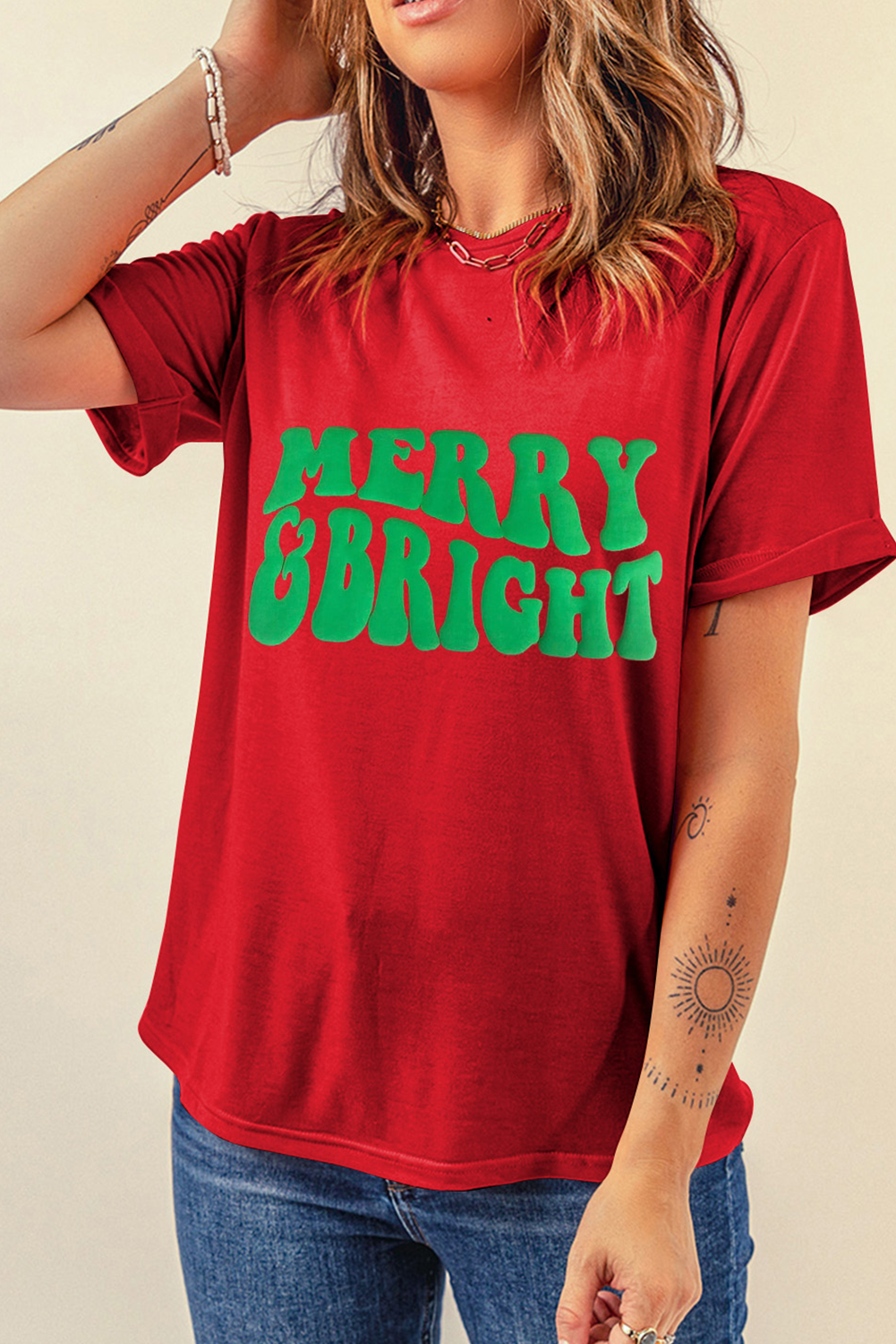 Red MERRY BRIGHT Crew Neck Graphic T Shirt