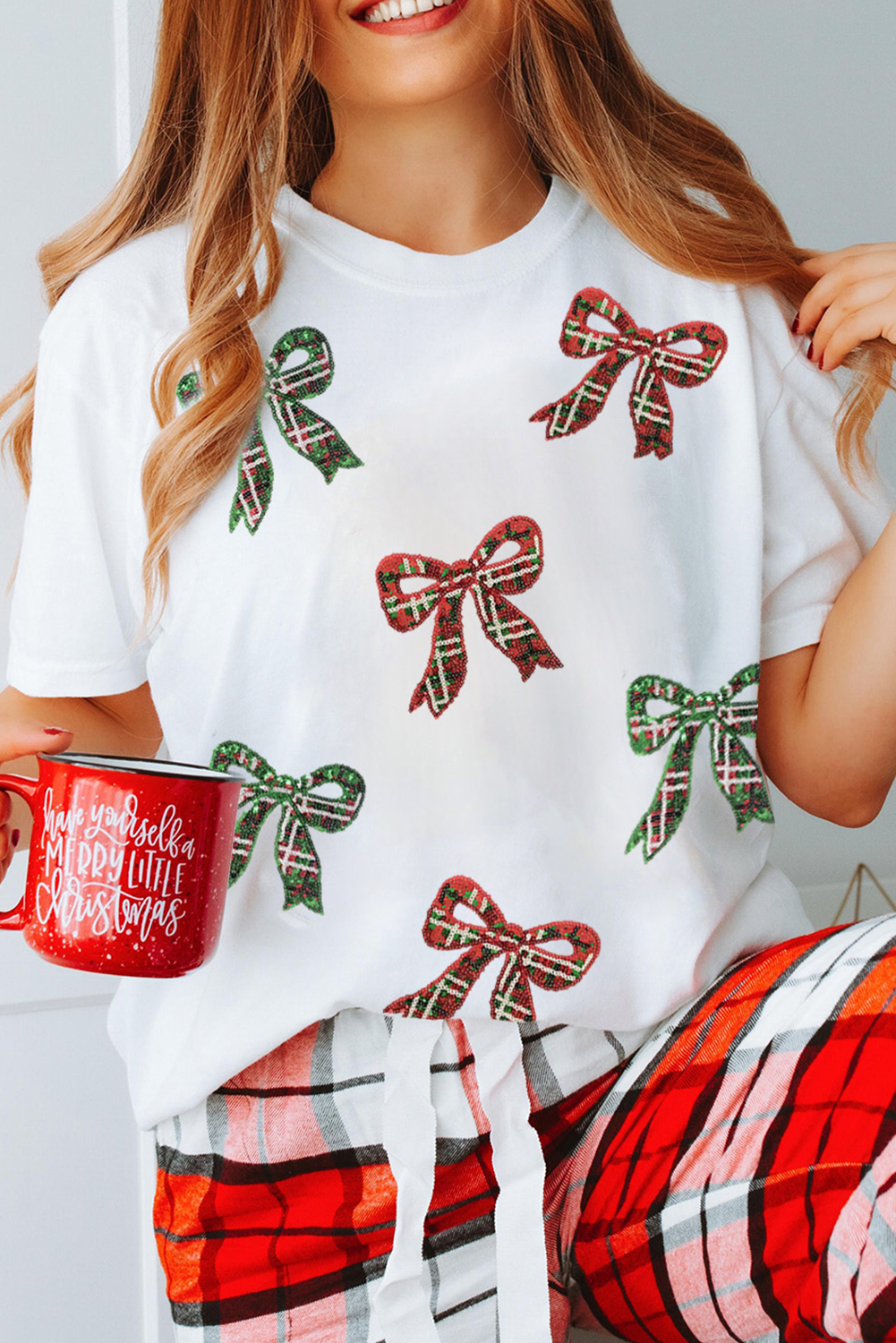 White Christmas Bowknot Patched Graphic Cotton Blend T Shirt