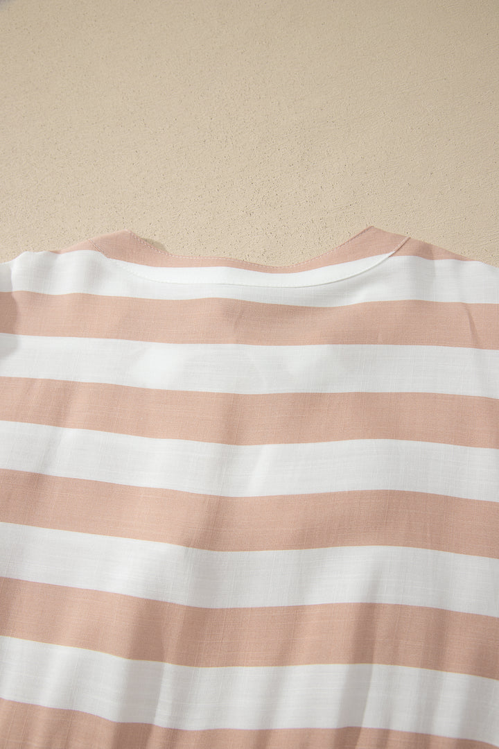 Khaki Stripe Tie V Neck Ruffle Trim Short Sleeve Flared Summer Dress