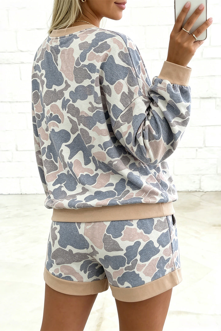Multicolour Camouflage Patchwork Colorblock 2pcs Long Sleeve Top and Shorts Set