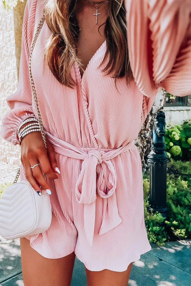 Pink Ripped Surplice V Neck Bubble Sleeve Romper -