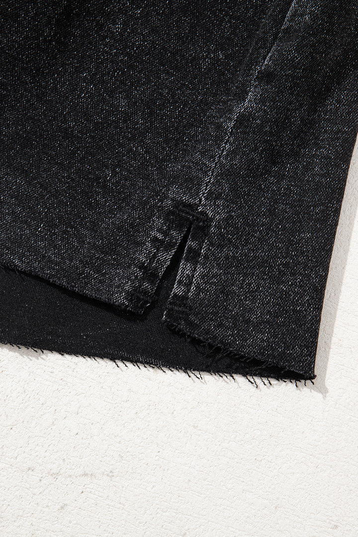 Carbon Grey Mineral Wash Ripped Raw Hem Denim Mini Skirt