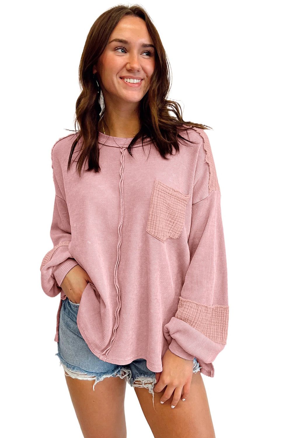 Pink Waffle and Crinkle Patchwork Long Sleeve Top