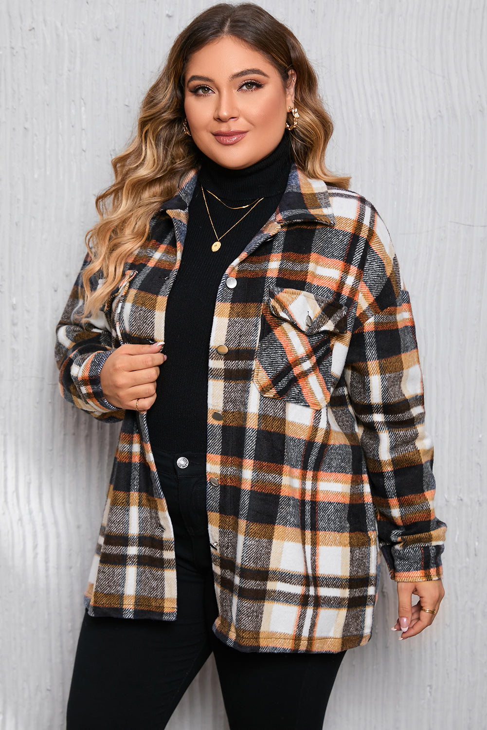 Geometric Plaid Print Pocketed Shacket