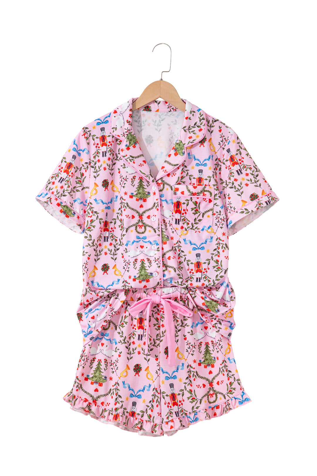 Pink Nutcracker Doll Christmas Print Ribbon Tie Waist Short 2pcs Pajama Set
