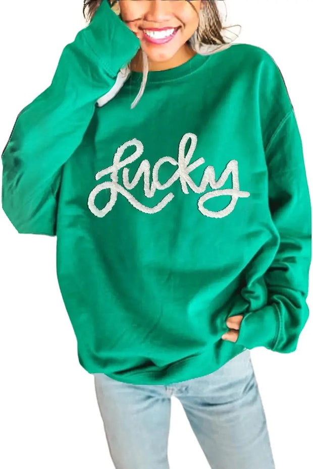 Green Lucky Letter Embroidery Print Drop Sleeve Sweatshirt -