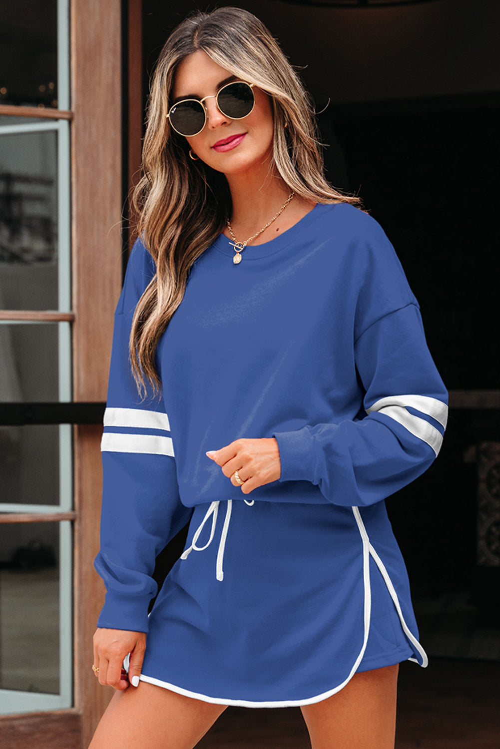 Varsity Stripe Detail Drop Shoulder Pullover Mini Skirt Set