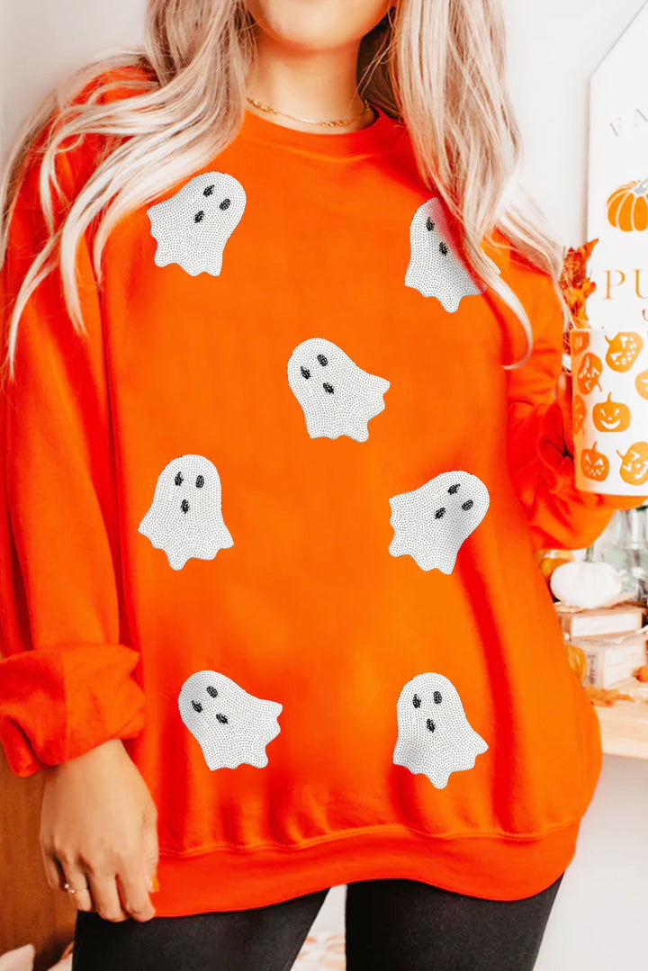 Sequin Halloween Ghost Patched Drop Shoulder Sweatshirt