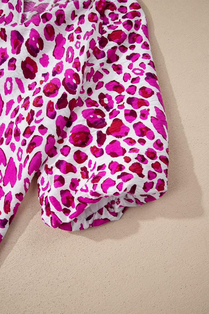 Rose Leopard Print V Neck Puffy Half Sleeve Blouse