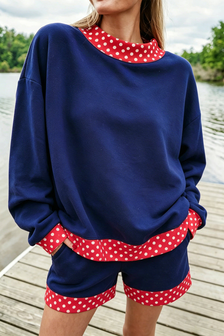 Polka Dot Trim Baggy Pullover 2pcs Short Set