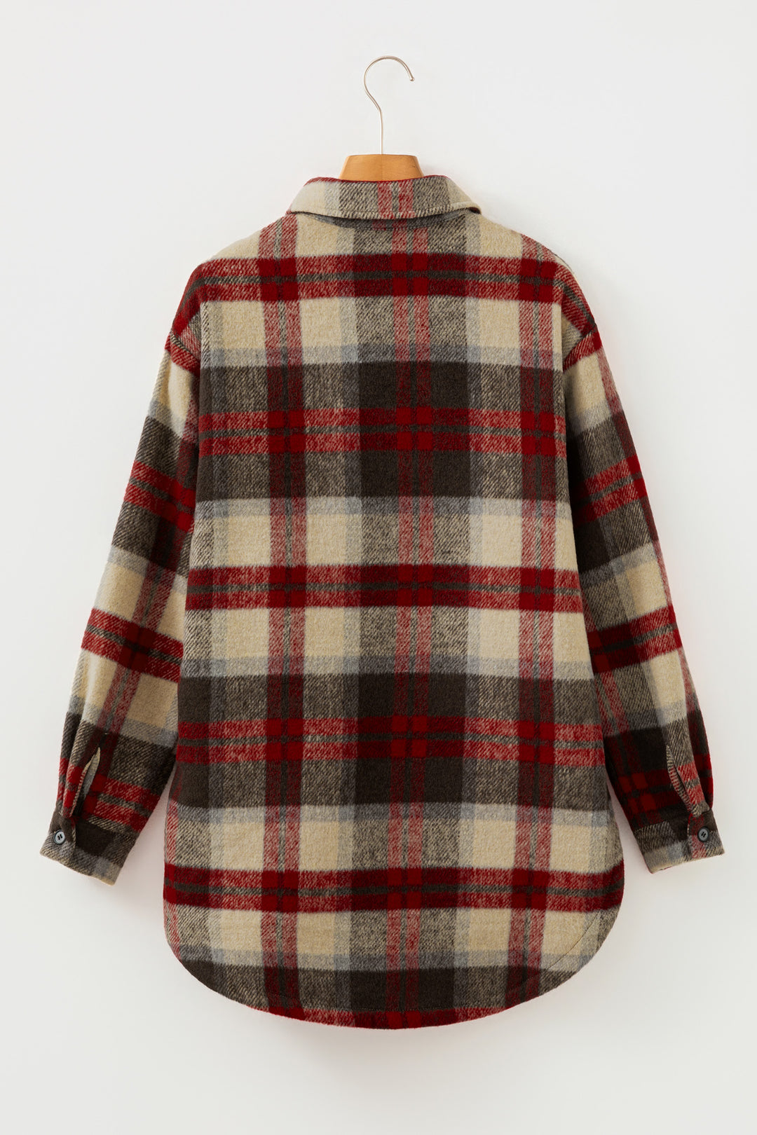 Red Brushed Plaid Buttoned Front Side Slit Tunic Shacket