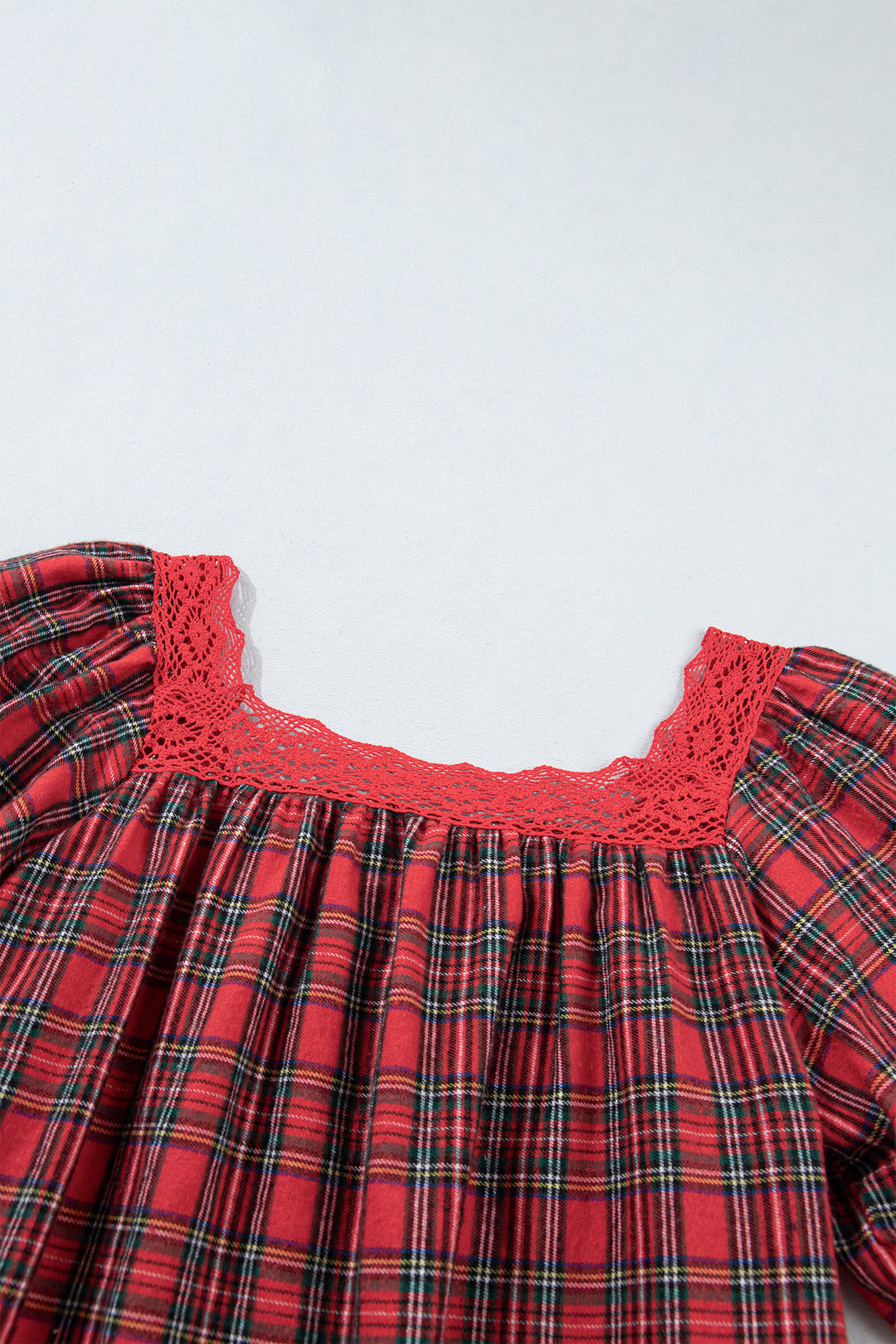 Red Plaid Square Collar Lace Trim Short Sleeve Shift Mini Dress