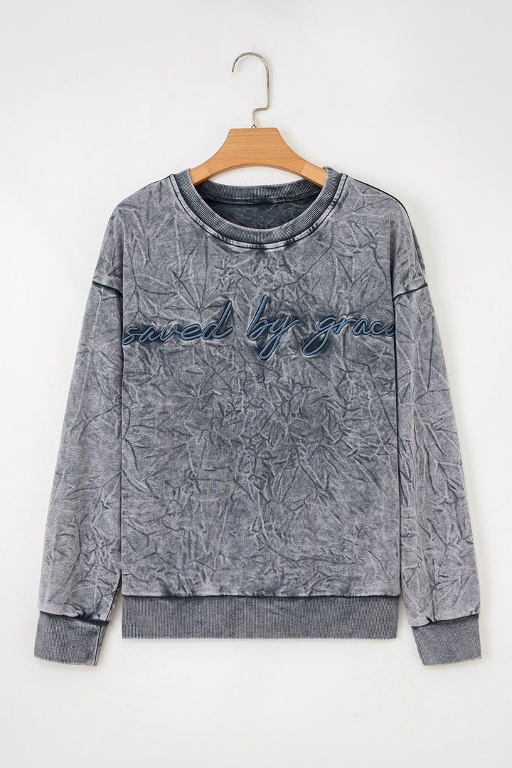 saved by grace Letter Embroidery Mineral Wash Loose Sweatshirt