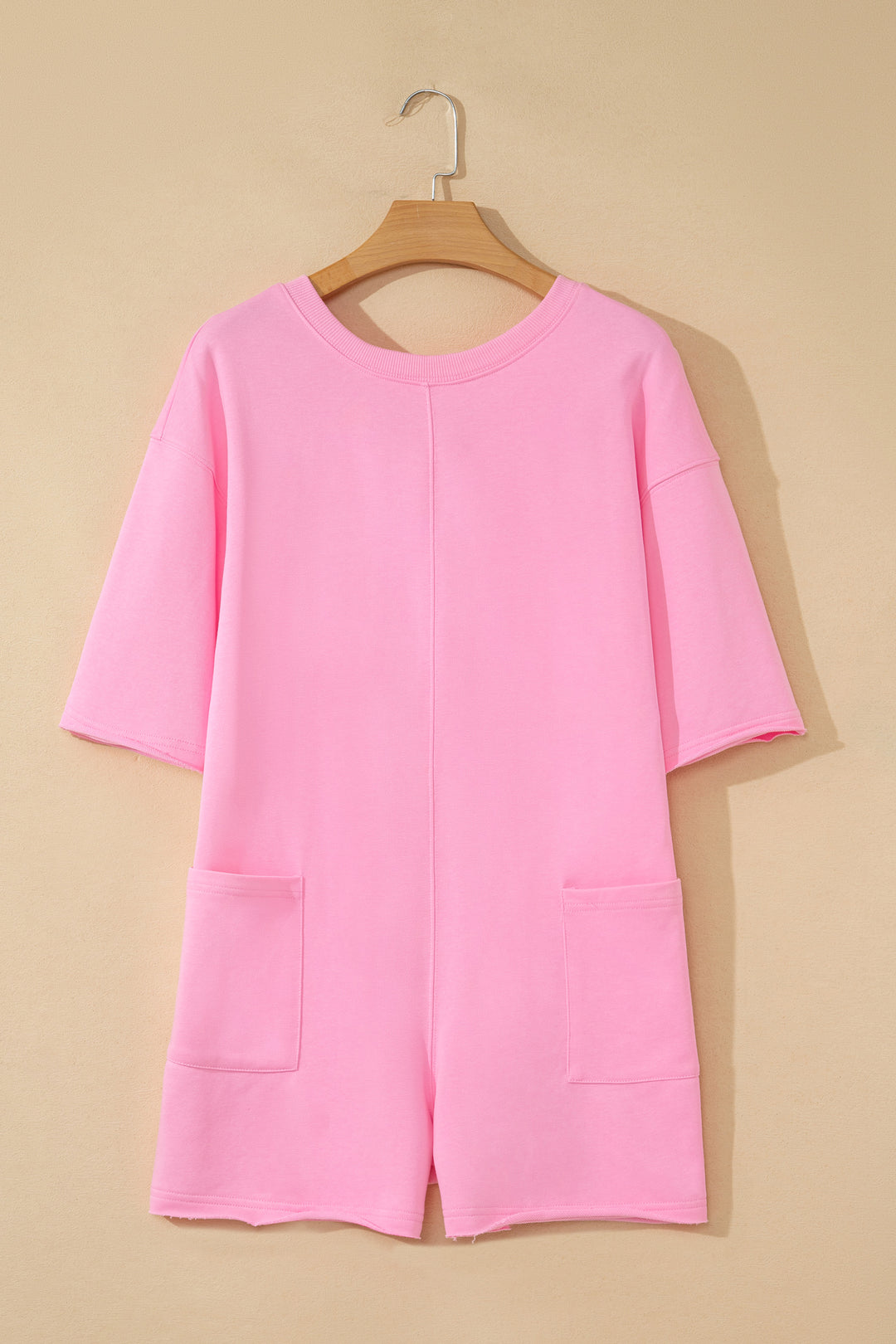 Pink Solid Color Raw Edge Half Sleeve Pocketed Loose Romper