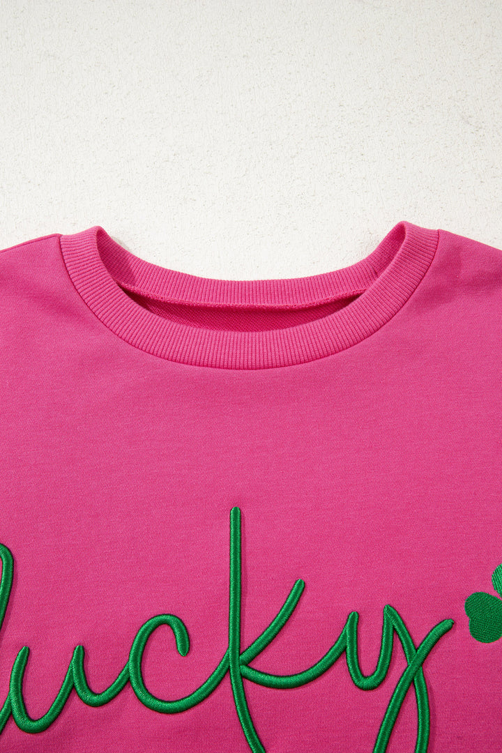 Rose Red Lucky Clover Embroidered Loose Pullover Sweatshirt