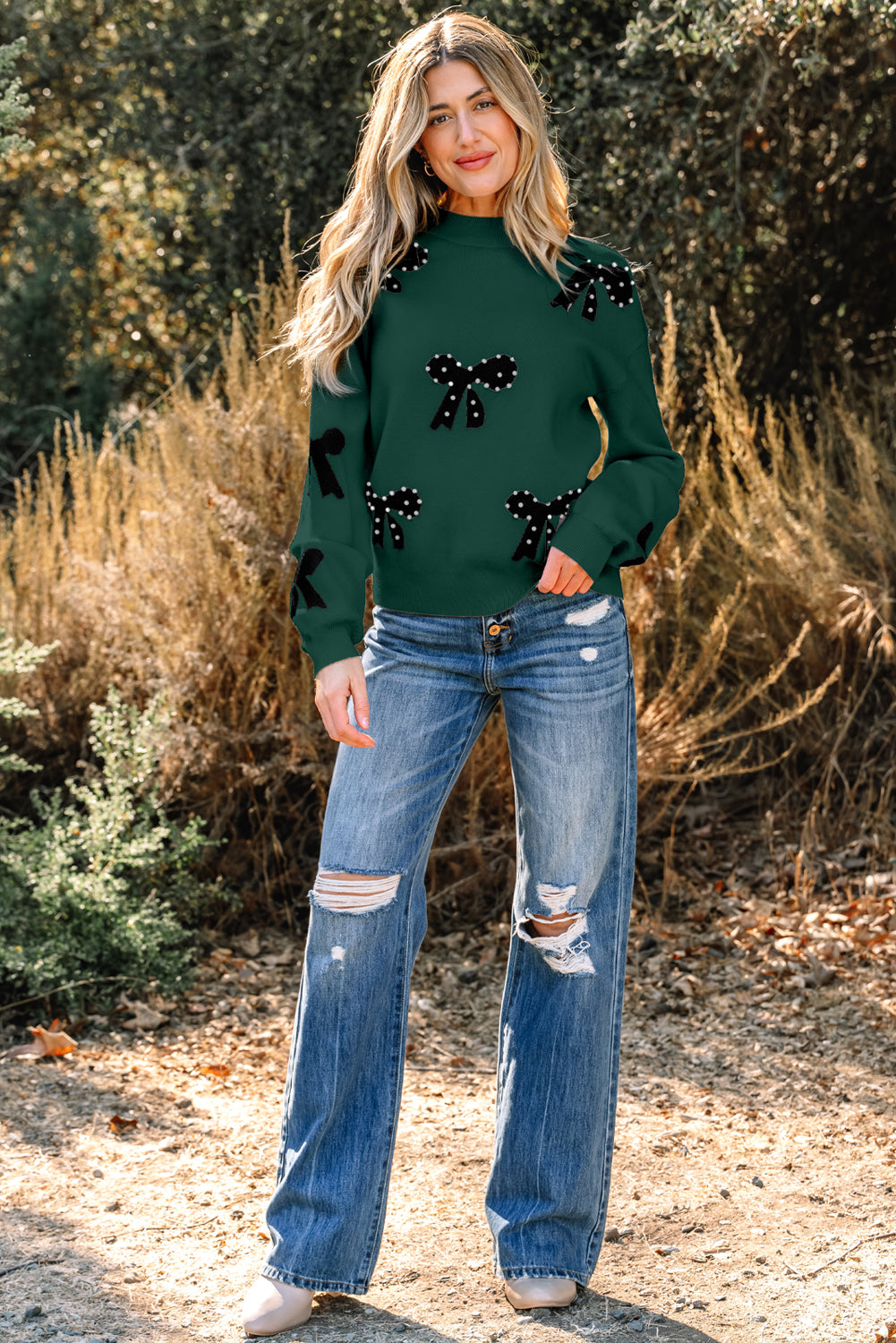 Pearl Embellished Bow Pattern Loose Sweater