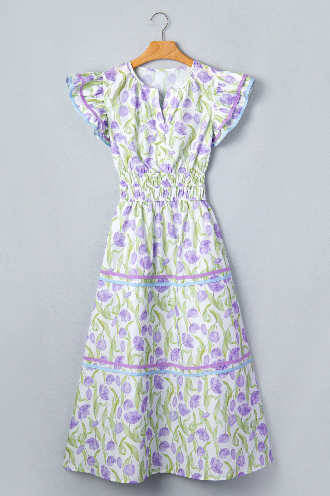 Purple Tulip Floral Print Contrast Trim Midi Dress