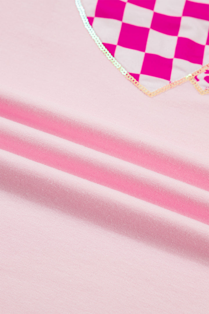 Light Pink Three Sweet Hearts Printed Sequin Trim Contrast Sleeve Patchwork Tee