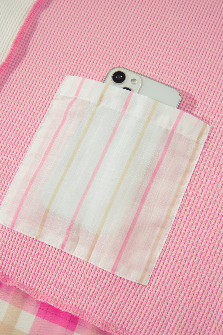 Pink Colorblock Plaid Panel Long Sleeve Plus Size Blouse