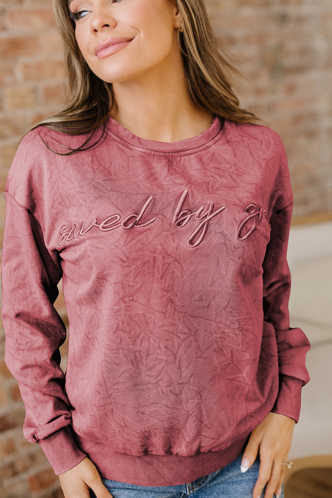 saved by grace Letter Embroidery Mineral Wash Loose Sweatshirt