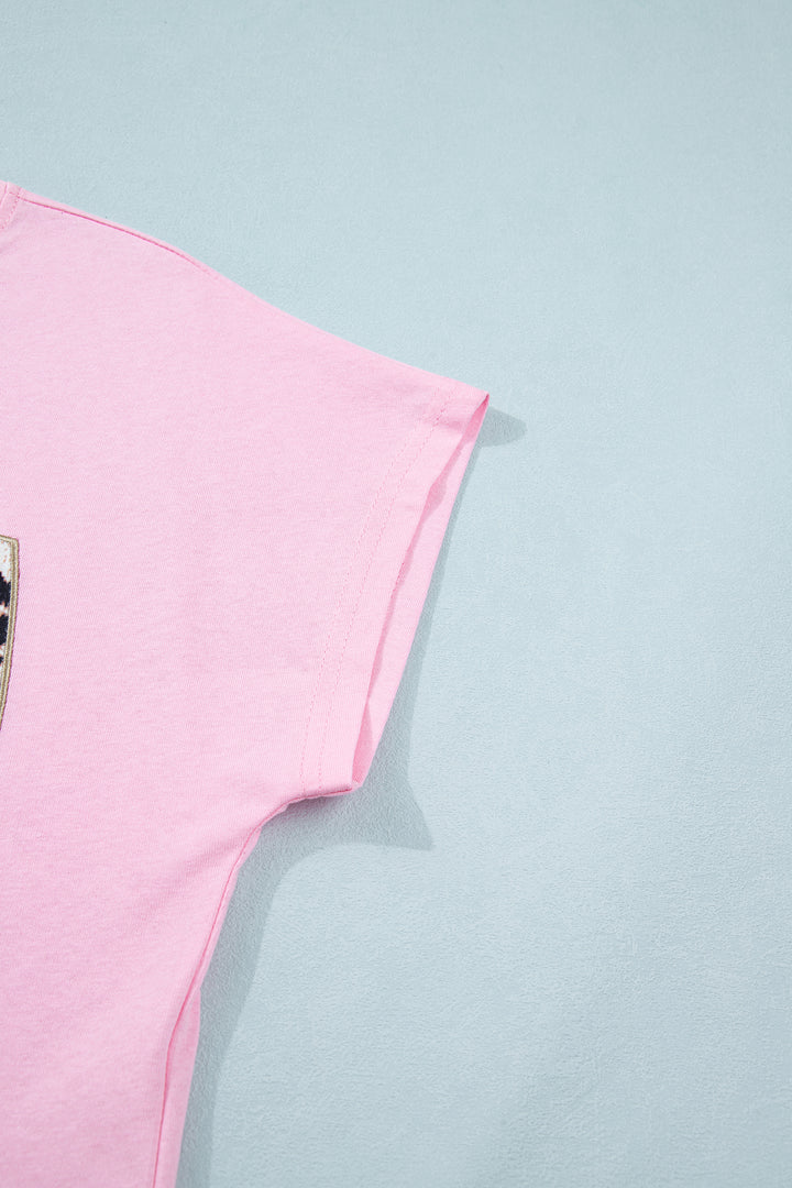 Pink Leopard Bow Embroidered Cotton Round Neck T Shirt