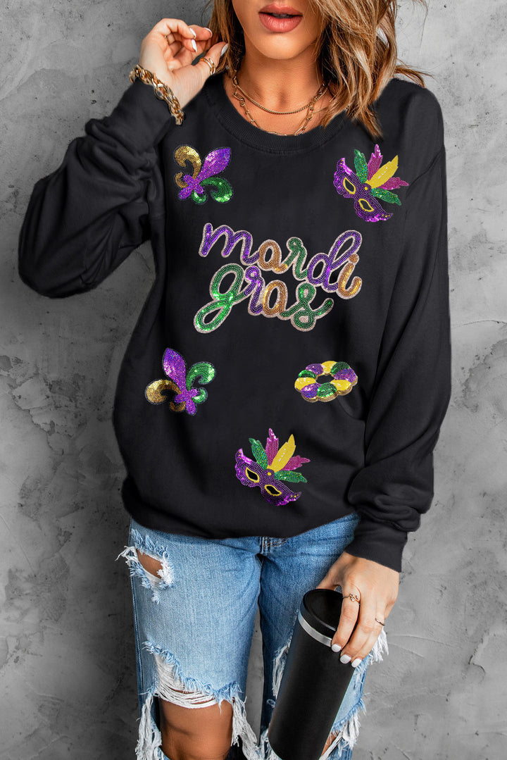Black Mardi gras Fleur de Lis Graphic Pullover Sweatshirt