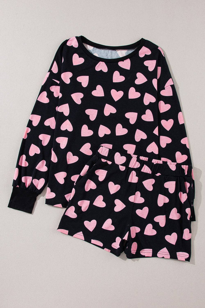 Valentine Heart Shape Print Long Sleeve Top Shorts Lounge Set