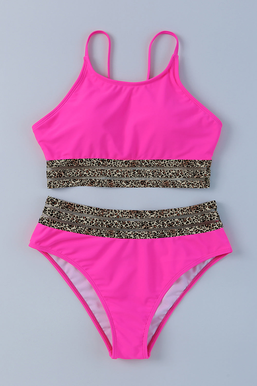 Leopard Mesh Trim 2pcs Bikini Swimsuit