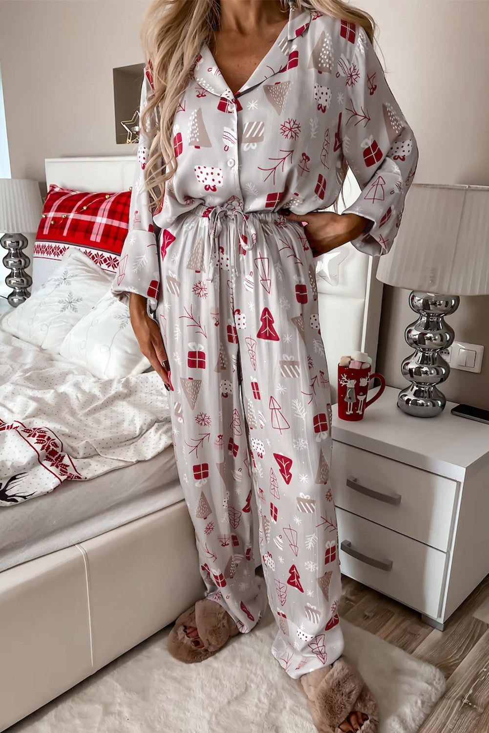 Grey Christmas Printed Shirt and Pants Pajama Set