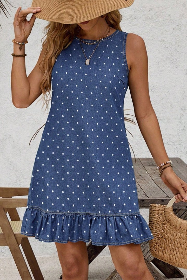 Blue Polka Dot Ruffle Hem Sleeveless Shift Dress Mini Vacation