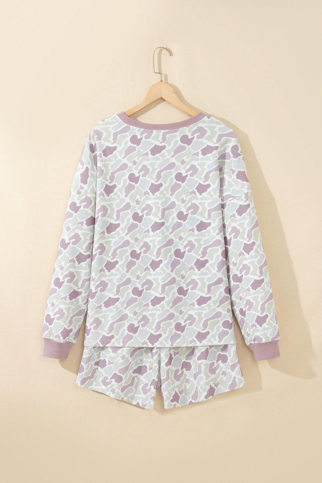 Green Camouflage Waffle Knit Long Sleeve Top Casual Shorts Set